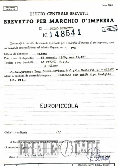 La Pavoni Europiccola - deposito de marchio d'impresa